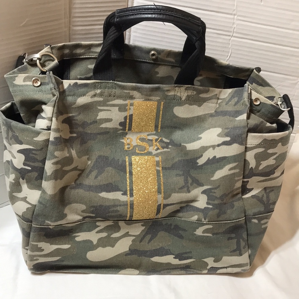Koala Kanvas camo tote with leather handles and shoulder strap. EUC
